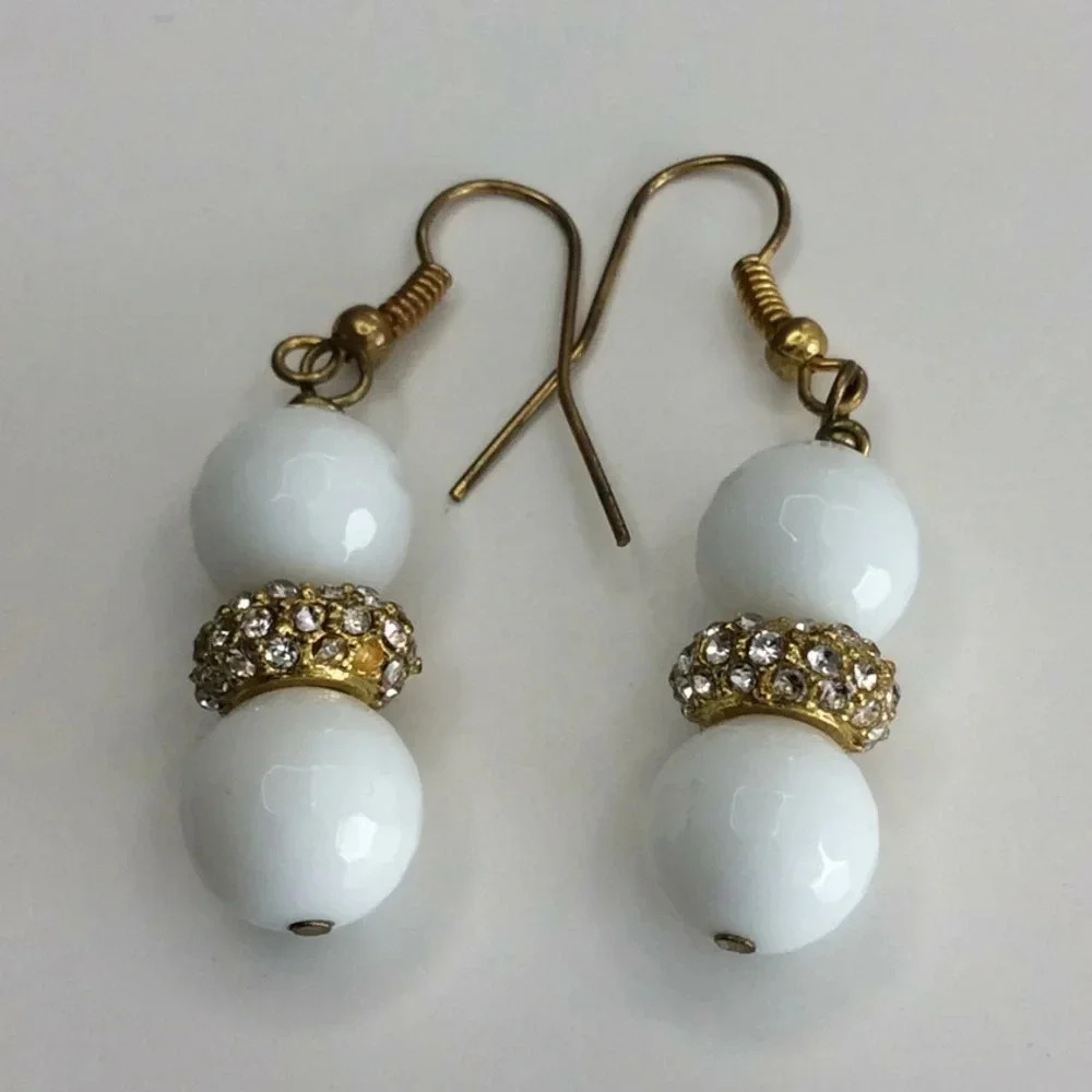 Handmade White, Gold & Rhinestones Earrings - Picture 2 of 3